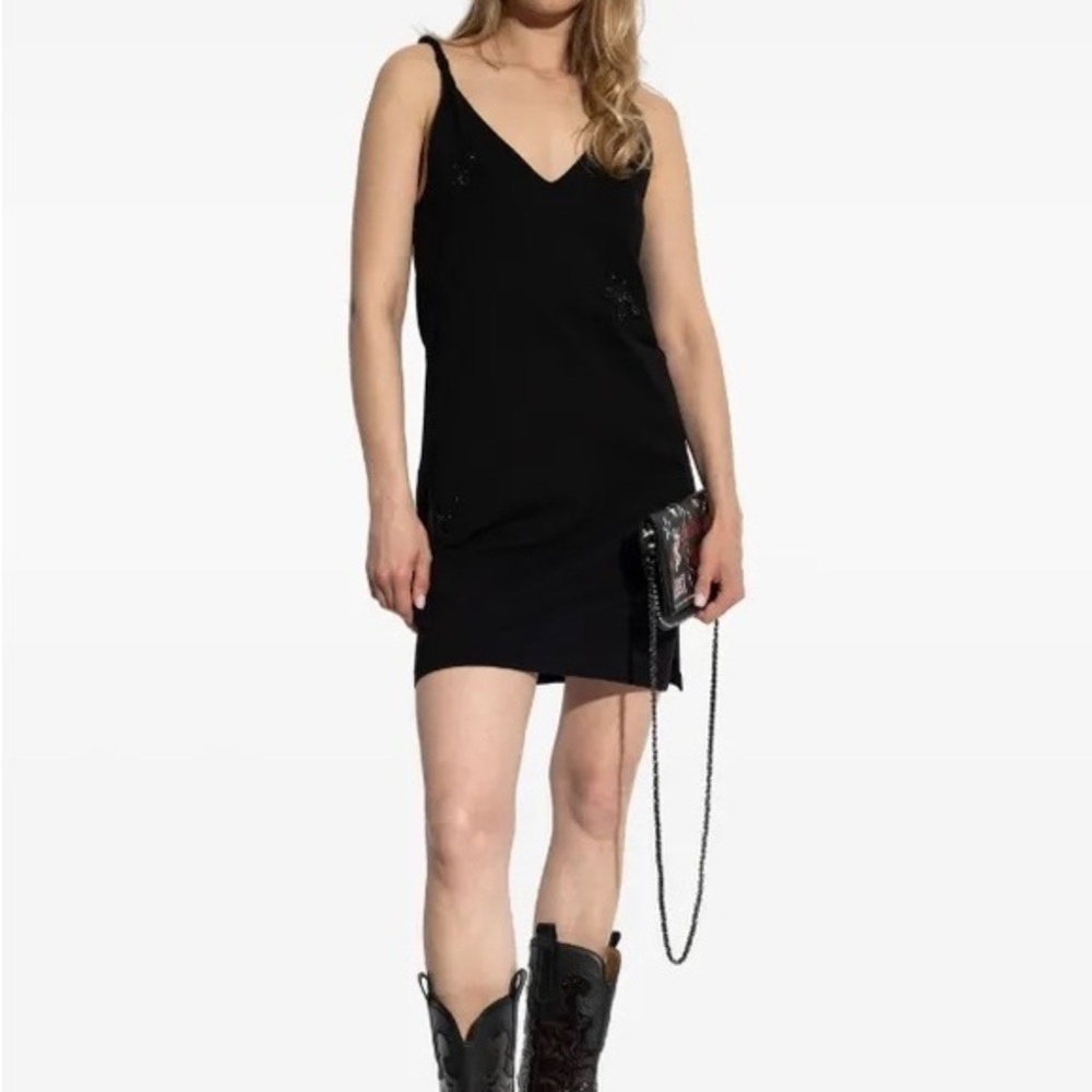 Bershka Black Ribbed Knit vneck spaghetti strap bodycon mini Dress size small